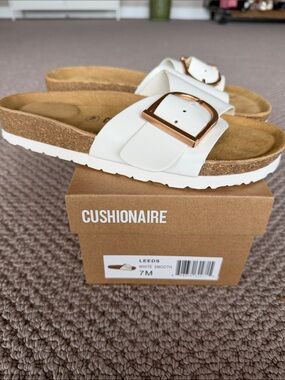 Cushionaire Leeds White Slide Sandals with Rose-Gold Buckles